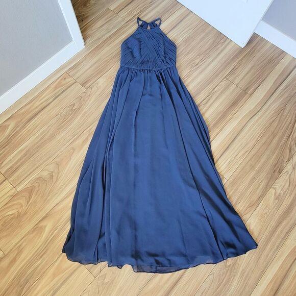 Theia Allison Backless Halter High Neck Bridesmaid Dress in Denim Slate Blue - Picture 3 of 13